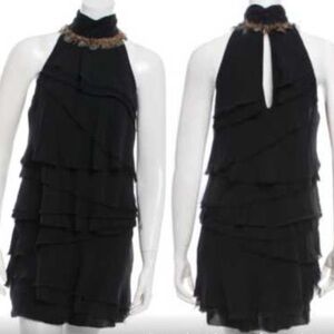 Elizabeth and James Black Layered Silk Halter Dress w/ Feather Neckline, Size 6